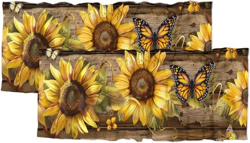 Sunflower, Valance Curtains for Kitchen Dining Room Rustic Sun Flower on Wood Window Yellow Floral Blackout Farmhouse Country Rod Pocket Valance Curtain for Living Room Bedroom 54x18inch(2Pcs) in Saudi Arabia