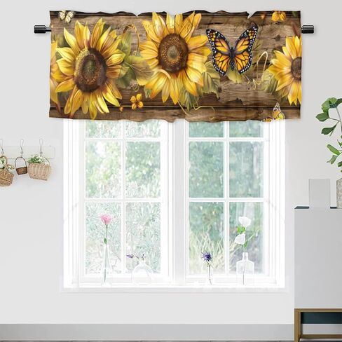 Sunflower, Valance Curtains for Kitchen Dining Room Rustic Sun Flower on Wood Window Yellow Floral Blackout Farmhouse Country Rod Pocket Valance Curtain for Living Room Bedroom 54x18inch(2Pcs) in Saudi Arabia