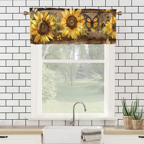 Sunflower, Valance Curtains for Kitchen Dining Room Rustic Sun Flower on Wood Window Yellow Floral Blackout Farmhouse Country Rod Pocket Valance Curtain for Living Room Bedroom 54x18inch(2Pcs) in Saudi Arabia