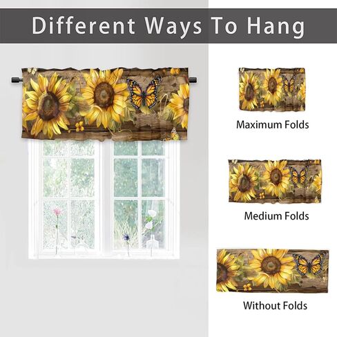 Sunflower, Valance Curtains for Kitchen Dining Room Rustic Sun Flower on Wood Window Yellow Floral Blackout Farmhouse Country Rod Pocket Valance Curtain for Living Room Bedroom 54x18inch(2Pcs) in Saudi Arabia