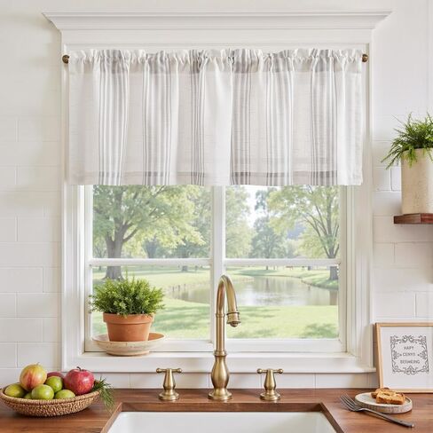 jinchan Striped Linen Valance Curtain 16 Inch Vertical Striped Valance for Kitchen Bathroom Light Filtering Rod Pocket Cottagecore Farmhouse Semi Sheer Short Window Curtain 1 Panel Grey in Saudi Arabia