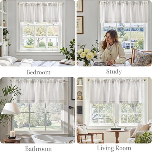 jinchan Striped Linen Valance Curtain 16 Inch Vertical Striped Valance for Kitchen Bathroom Light Filtering Rod Pocket Cottagecore Farmhouse Semi Sheer Short Window Curtain 1 Panel Grey in Saudi Arabia