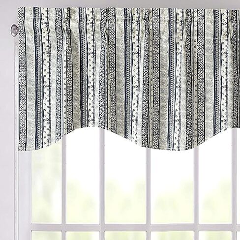 DaDa Bedding Denim Blue Elegance Window Curtain - Semi Sheer Valance Floral Botanical Striped Scalloped Tailored Edge Kitchen Decor - 18" x 52" in Kuwait