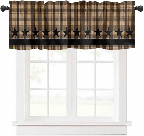 Checkered Stars Valances for Windows 42" W x 12" L Retro Brown Black Plaid Art Rod Pocket Curtains Valance Short Window Treatment Drapes for Living Room, Bedroom Bathroom Decor in Saudi Arabia