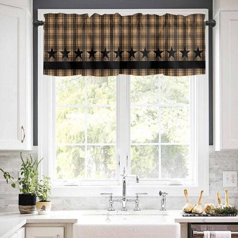 Checkered Stars Valances for Windows 42" W x 12" L Retro Brown Black Plaid Art Rod Pocket Curtains Valance Short Window Treatment Drapes for Living Room, Bedroom Bathroom Decor in Saudi Arabia
