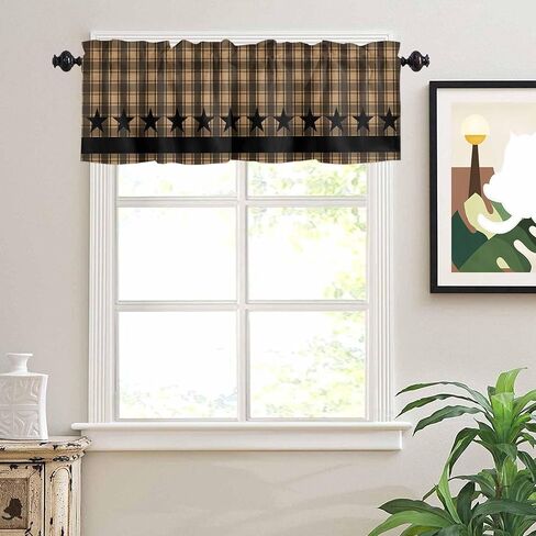 Checkered Stars Valances for Windows 42" W x 12" L Retro Brown Black Plaid Art Rod Pocket Curtains Valance Short Window Treatment Drapes for Living Room, Bedroom Bathroom Decor in Saudi Arabia