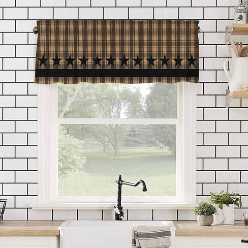 Checkered Stars Valances for Windows 42" W x 12" L Retro Brown Black Plaid Art Rod Pocket Curtains Valance Short Window Treatment Drapes for Living Room, Bedroom Bathroom Decor in Saudi Arabia