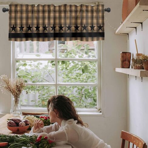 Checkered Stars Valances for Windows 42" W x 12" L Retro Brown Black Plaid Art Rod Pocket Curtains Valance Short Window Treatment Drapes for Living Room, Bedroom Bathroom Decor in Saudi Arabia