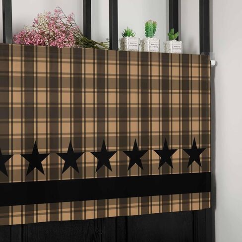Checkered Stars Valances for Windows 42" W x 12" L Retro Brown Black Plaid Art Rod Pocket Curtains Valance Short Window Treatment Drapes for Living Room, Bedroom Bathroom Decor in Saudi Arabia