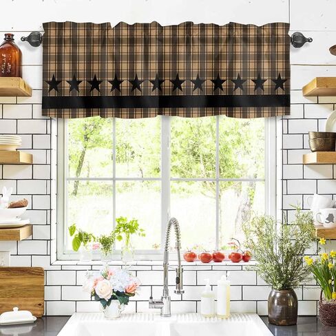 Checkered Stars Valances for Windows 42" W x 12" L Retro Brown Black Plaid Art Rod Pocket Curtains Valance Short Window Treatment Drapes for Living Room, Bedroom Bathroom Decor in Saudi Arabia