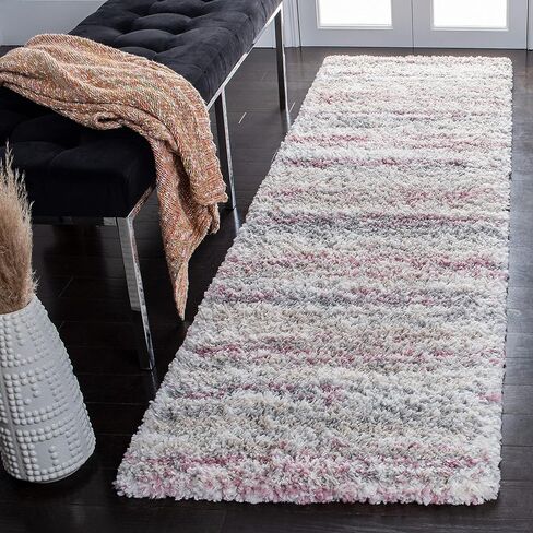 سجادة SAFAVIEH Fontana Shag Collection - 2'3" x 8'، عاجي ووردي، تصميم مخطط حديث، لا يتساقط ويسهل العناية به، سمك 2 بوصة مثالي للمناطق ذات الحركة العالية في غرفة المعيشة وغرفة النوم (FNT842B) in Kuwait