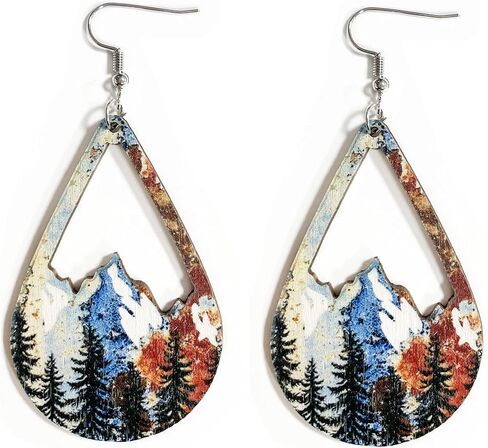 Bohemian Wooden Hollow Mountain Dangle Earrings Lightweight Nature Landscape Painting Drop Earrings for Women Statement Outdoor Enthusiast Jewelry Gifts-Water Drop C in Kuwait