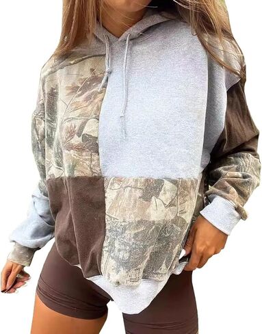 Esesoul Camo Hoodie Womens Color Block Oversized Pullover Sweatshirt Vintage Casual Fleece Hoodie in Saudi Arabia
