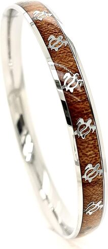 HPJ Hawaiian 8mm Ocean Sea Turtle Natural Koa Wood Silver Stainless Steel Bangle Bracelets Size 7.5", 8", and 8.5" in Saudi Arabia