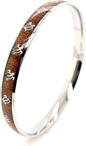 HPJ Hawaiian 8mm Ocean Sea Turtle Natural Koa Wood Silver Stainless Steel Bangle Bracelets Size 7.5", 8", and 8.5" in Saudi Arabia