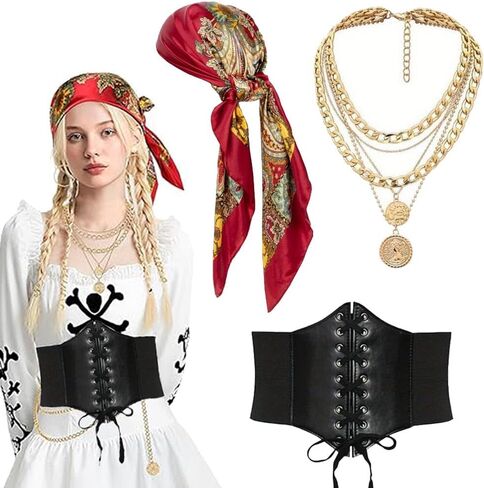 HHJJRZ 3 Pcs Pirate Costume Set for Women Pirate Bandana, Corset & Necklace for Halloween, Renaissance Faire & Cosplay Party Dress-Up Parties Carnival Outfits in Saudi Arabia