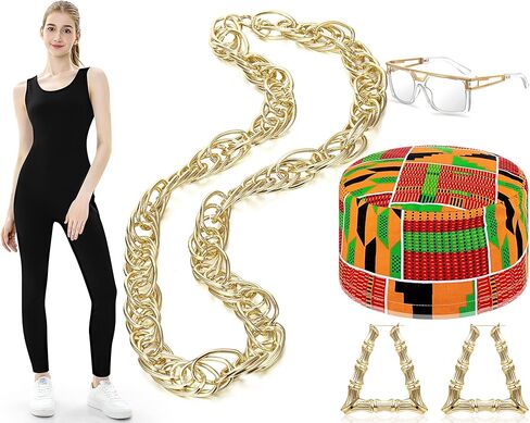5 Pcs 80s 90s Hip Hop Costume Outfit Rapper Costume Accessories for Men Women Hat Sunglasses Chain Necklace Jumpsuits in Saudi Arabia
