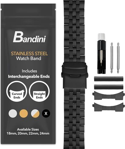 Bandini Stainless Steel Fitted Curved End Metal Watch Band, Brick Link Tapered Watch Strap Oyster Bracelet, Double Foldover Lock Deployment Clasp, Straight Ends Included - 18mm, 20mm, 22mm, 24mm in Saudi Arabia