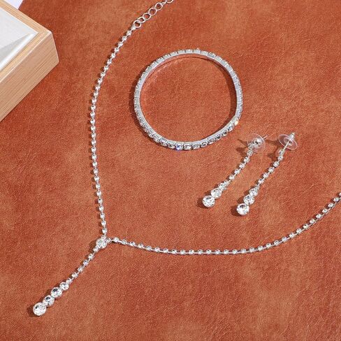 Styquenzer Sparkled Jewelry Set for Women, Silver Bridal Jewelry Set Silver Rhinestone Necklace Teardrop Dangle Earrings Bracelet Crystal Bridal Prom Jewelrys Accessories for Wedding Party in Saudi Arabia