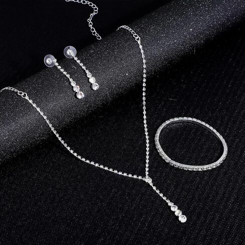 Styquenzer Sparkled Jewelry Set for Women, Silver Bridal Jewelry Set Silver Rhinestone Necklace Teardrop Dangle Earrings Bracelet Crystal Bridal Prom Jewelrys Accessories for Wedding Party in Saudi Arabia