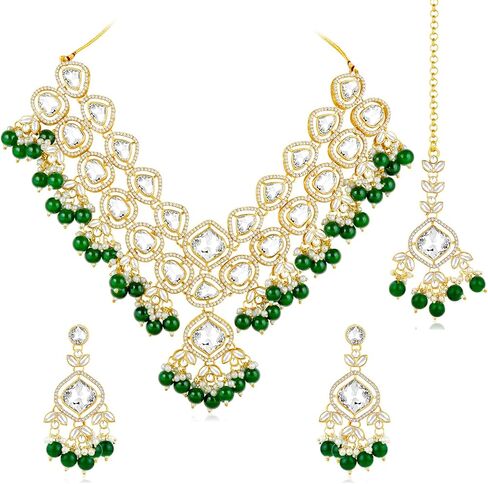 Aheli Silver Plated Green Kundan & Beads Studded Necklace Dangle Earrings Maangtikka Ethnic Jewellery Set Gift for Women in Saudi Arabia