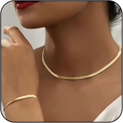 WCRAZYE Gold Herringbone Choker Necklace Bracelet sets for Women Snake Chain Flat Necklace and Bracelet Set Snake Chain Jewelry in Saudi Arabia