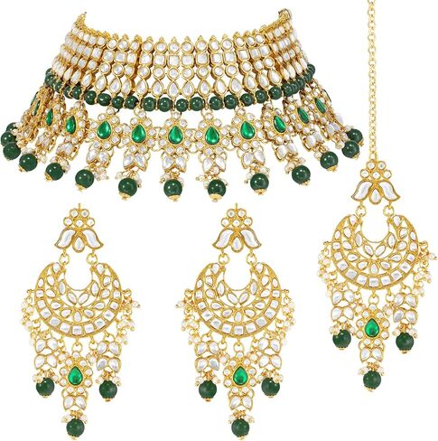 Aheli Gold Plated Kundan Choker Necklace Earrings Maang Tikka Jewellery Set Gift for Women in Saudi Arabia