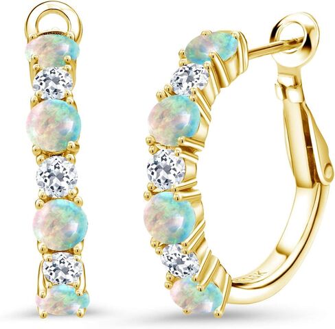 Gem Stone King 18K Yellow Gold Plated Silver White Opal and White Topaz Hoop Earrings For Women | 2.84 Cttw | Gemstone October Birthstone | Round Cabochon 4MM and 3MM in Saudi Arabia