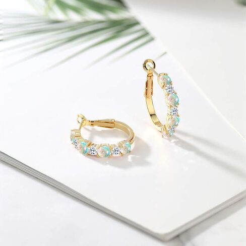 Gem Stone King 18K Yellow Gold Plated Silver White Opal and White Topaz Hoop Earrings For Women | 2.84 Cttw | Gemstone October Birthstone | Round Cabochon 4MM and 3MM in Saudi Arabia