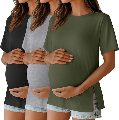 Ficerd 3 Pack Women's Maternity T Shirts, Short Sleeve Side Split Pregnancy Tops Casual Crew Neck Pregnant Tees Mama Clothes in Saudi Arabia