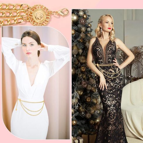 Gold Metal Waist Chain Women's Gold Waist Chain Multilayer Metal Belt Adjustable Body Link Belly Link for Dress, Skirt, Jeans in Saudi Arabia
