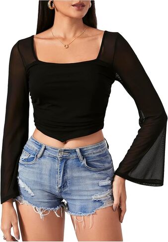 Verdusa Women's Contrast Mesh Ruched Square Neck Bell Sleeve Crop Tee Top T Shirt in Saudi Arabia