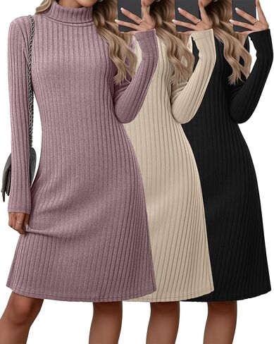 Oakgarden 3 Pack المرأة الياقة المدورة سترة فستان طويل الأكمام عادية خريف شتاء مضلع متماسكة ألف خط فساتين تونيك in Kuwait
