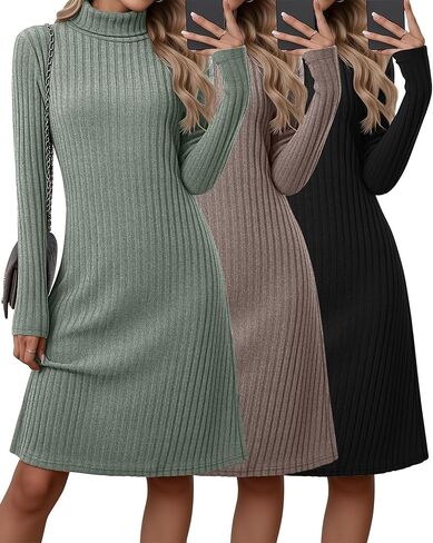 Oakgarden 3 Pack المرأة الياقة المدورة سترة فستان طويل الأكمام عادية خريف شتاء مضلع متماسكة ألف خط فساتين تونيك in Kuwait
