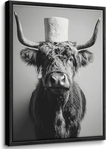 Framed Highland Cow Bathroom Wall Art Black and White Toilet Paper Highland Cow Wall Art Funny Animal Farmhouse Bathroom Decor for Restroom Toilet Home Decoration in Saudi Arabia