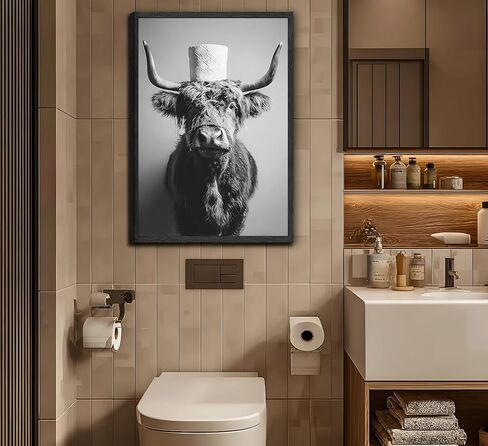 Framed Highland Cow Bathroom Wall Art Black and White Toilet Paper Highland Cow Wall Art Funny Animal Farmhouse Bathroom Decor for Restroom Toilet Home Decoration in Saudi Arabia