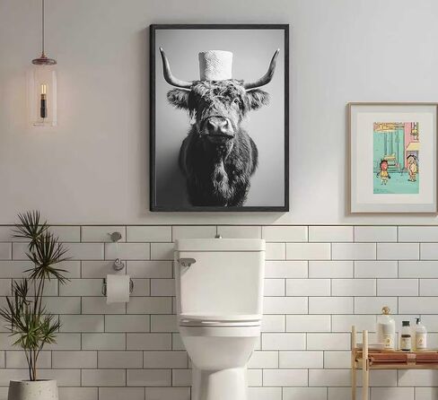 Framed Highland Cow Bathroom Wall Art Black and White Toilet Paper Highland Cow Wall Art Funny Animal Farmhouse Bathroom Decor for Restroom Toilet Home Decoration in Saudi Arabia