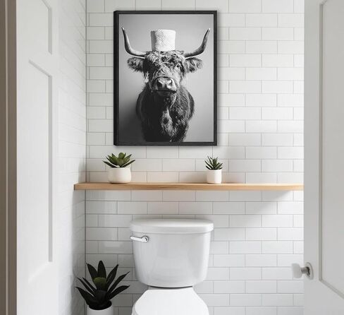 Framed Highland Cow Bathroom Wall Art Black and White Toilet Paper Highland Cow Wall Art Funny Animal Farmhouse Bathroom Decor for Restroom Toilet Home Decoration in Saudi Arabia