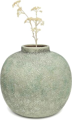 Textured Light Green Bisque Round Vase - Reactive Glaze Ceramic Decorative Vase with Speckled Finish, Matte Sage Green Bud Vase for Modern Home Decor, Organic Shelf Centerpiece [9.75H X 10DIA] in Saudi Arabia