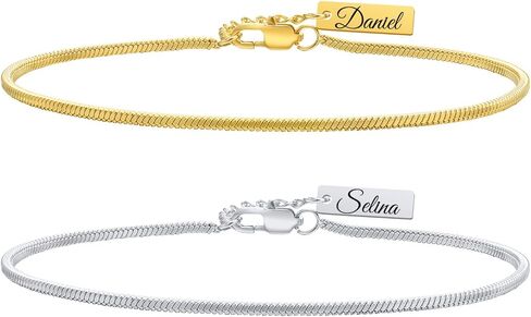 Customized Square Snake Chain Bracelets: 1.7mm Thin Link Bracelet for Women Men, Waterproof Stainless Steel Silver Plated Wristband with ID Tag Bar Charm Valentine's Day Birthday Gifts in Saudi Arabia