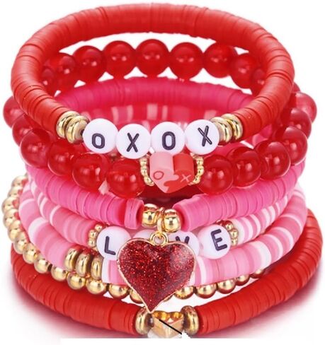 Caiyao Bohemia Multilayer Valentine's Day Clay Beaded Charm Bracelets Set Colorful Pink Red Heart Heishi Gold Beaded Friendship Stackable Stretch Bracelet for Women Men Valentine's Day Jewelry Gifts in Saudi Arabia