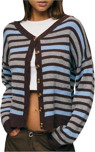 WDIRARA Women's Striped Button Up Cardigan Sweaters Long Sleeve V Neck Knit Outerwear in Saudi Arabia