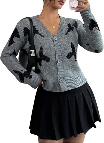 SHENHE Women's V Neck Open Front Knit Cardigan Graphic Button Down Long Sleeve Top in Saudi Arabia