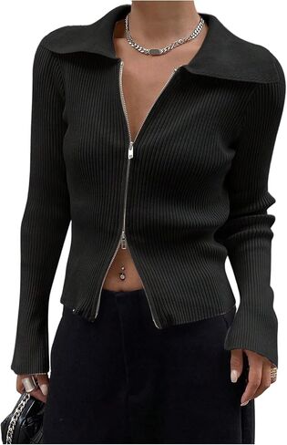 Floerns Women's Casual Zip Up Cardigan Sweater Long Sleeve Open Front Ribbed Knit Tops in Saudi Arabia