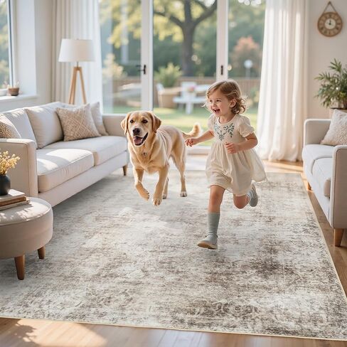 Washable Rugs 5x7 Area Rugs for Living Room,Rug for Bedroom, Vintage Distressed Non-Slip, Ultra Soft Faux Wool Carpet for Dining Room, Beige Brown for Home Office Décor in Saudi Arabia