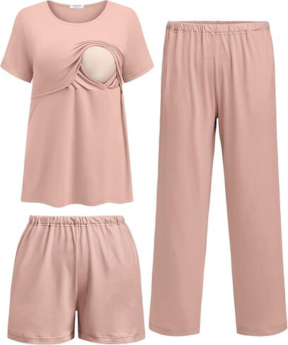 Ekouaer 3 Piece Postpartum Nursing Pajamas Set Short Sleeve Breastfeeding Shirts Pregnancy Shorts & Pants Maternity Pjs in Saudi Arabia
