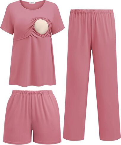 ekouaer 3 قطعة ما بعد الولادة pajamas مجموعة قصيرة الأكمام القمصان الرضاعة الطبيعية سراويل الحمل وسروال الأمومة pjs in Kuwait