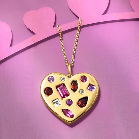Ross-Simons 3.10 ct. t.w. Multi-Gemstone Heart Pendant Necklace in 18kt Gold Over Sterling. 18 inches in Saudi Arabia