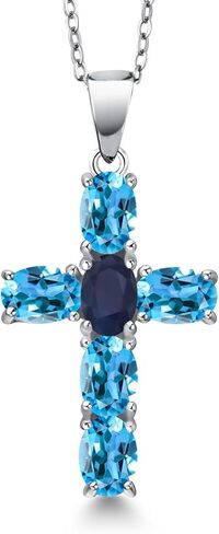 قلادة من Gem Stone King 3.31 قيراط من التوباز الأزرق السويسري والياقوت الأزرق للنساء | 925 فضة استرلينية | الأحجار الكريمة جوهرة شهر نوفمبر | بيضاوي 6 × 4 مم | مع سلسلة 18 بوصة in Saudi Arabia