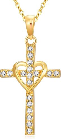 FLORASOFIA 14K Solid Gold Cross Necklace for Women, Real Gold Crucifix Cross Heart Pendant with Created Diamonds Annivesary Birthday Gift, 18" in Saudi Arabia